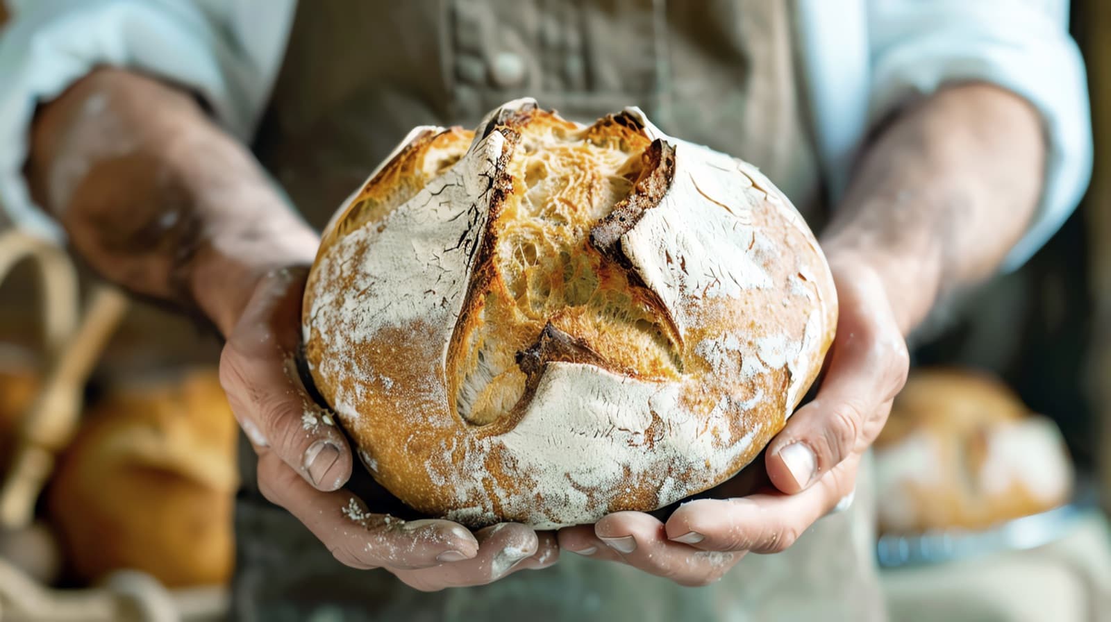 A baker's hands holding a freshly baked sourdough boule, flour-dusted apron and another loaf in the background.