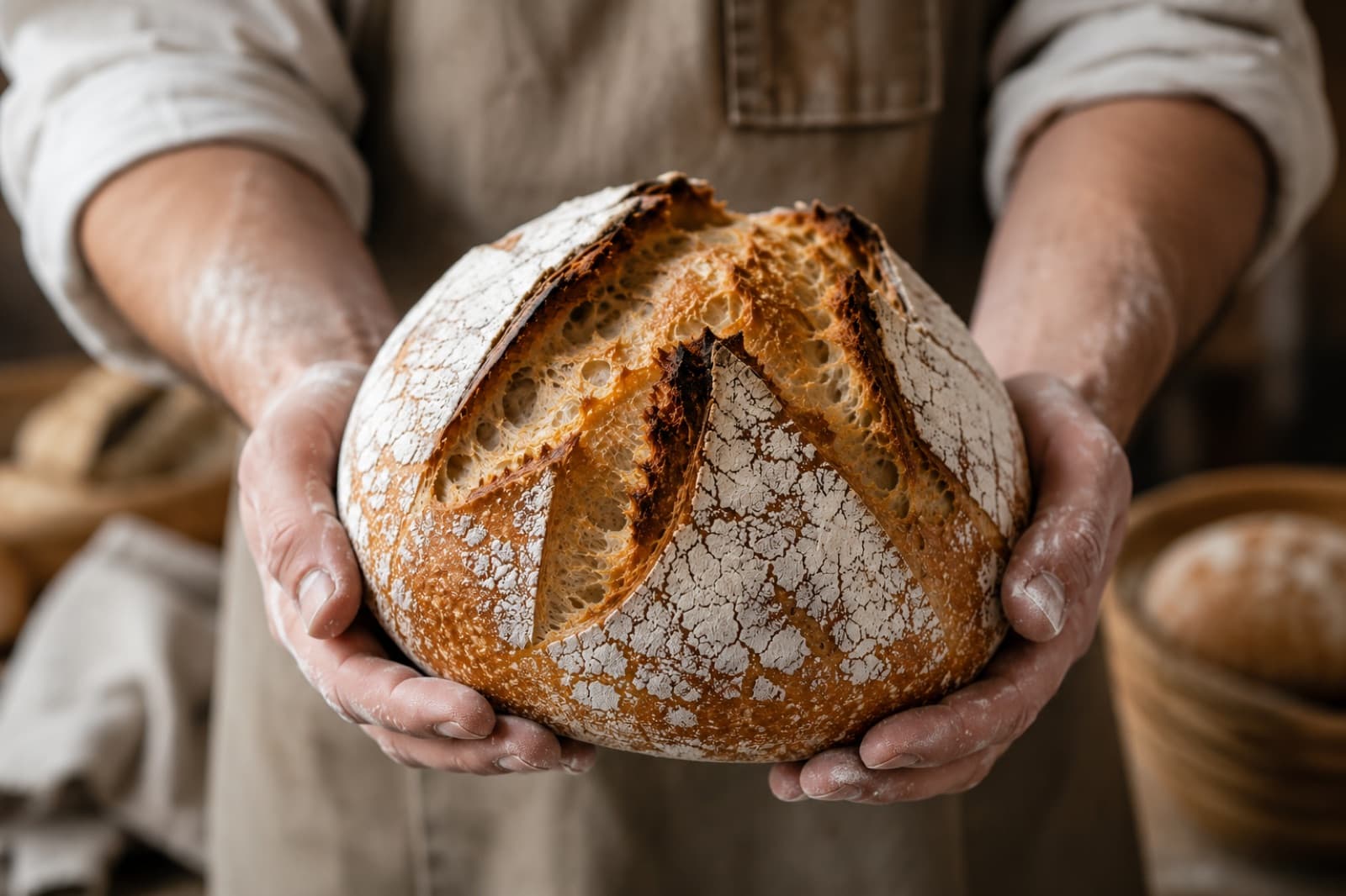 A baker's flour-dusted hands cradling a freshly baked sourdough boule with caramelized scoring and a dramatic ear.