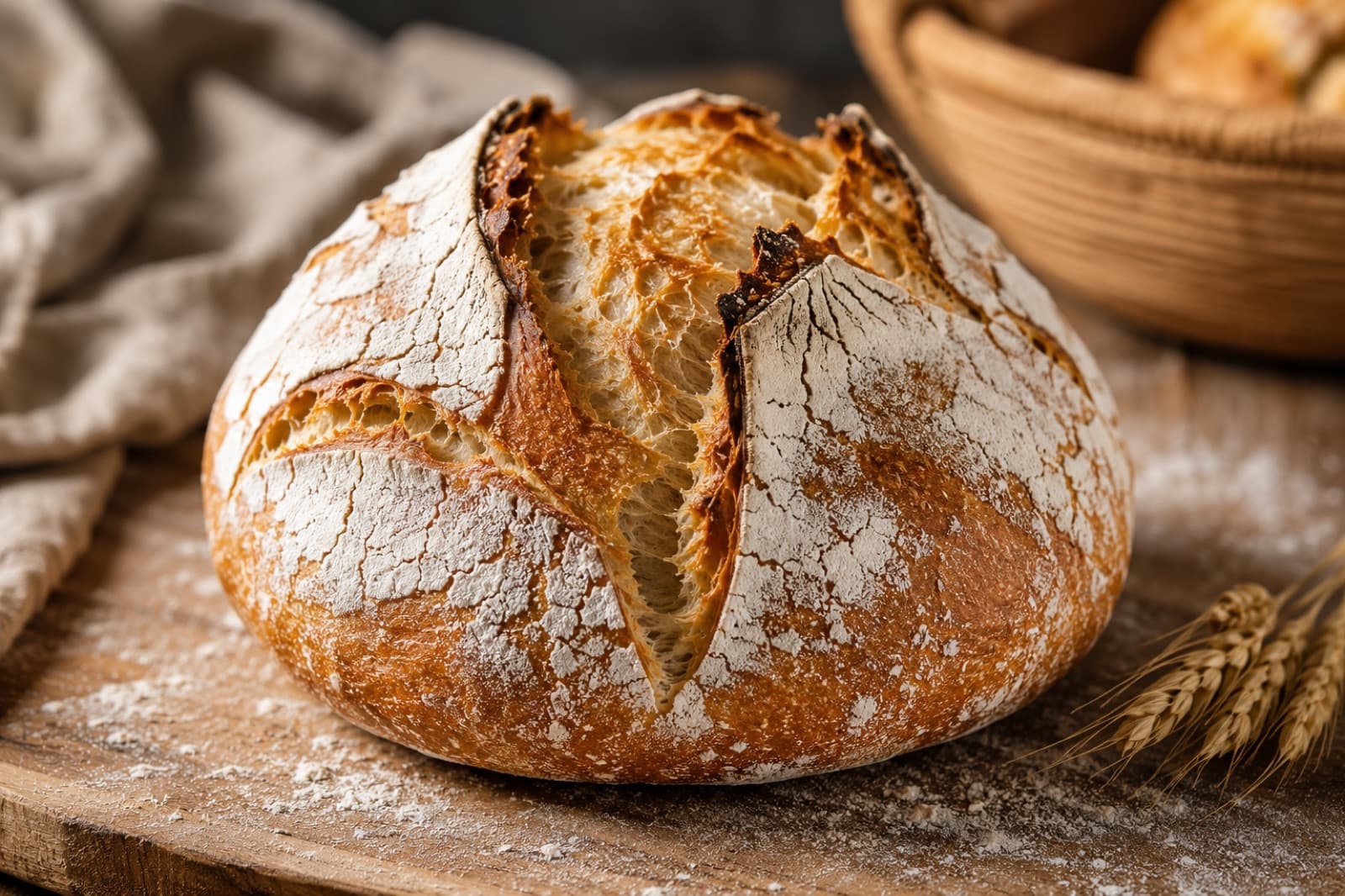 A round sourdough boule with caramelized crust, dramatic scoring, dusted with flour, beside wheat stalks.