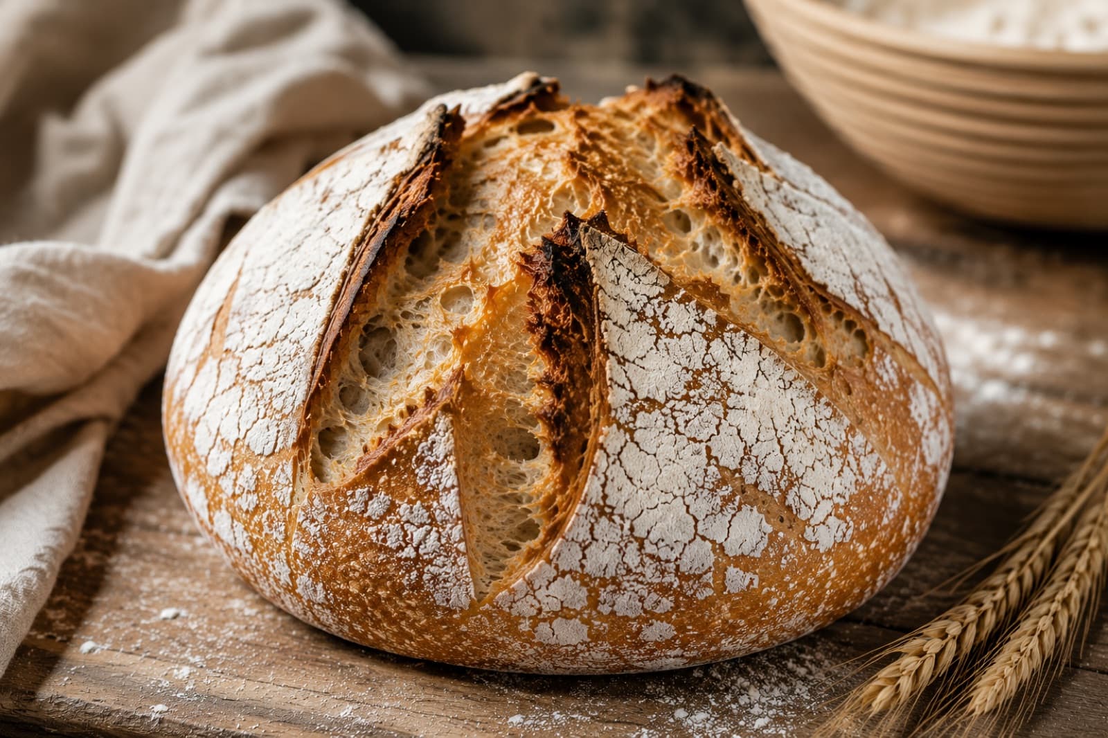 Rustic sourdough loaf with deeply scored crust, draped linen napkin, rattan banneton in the background.